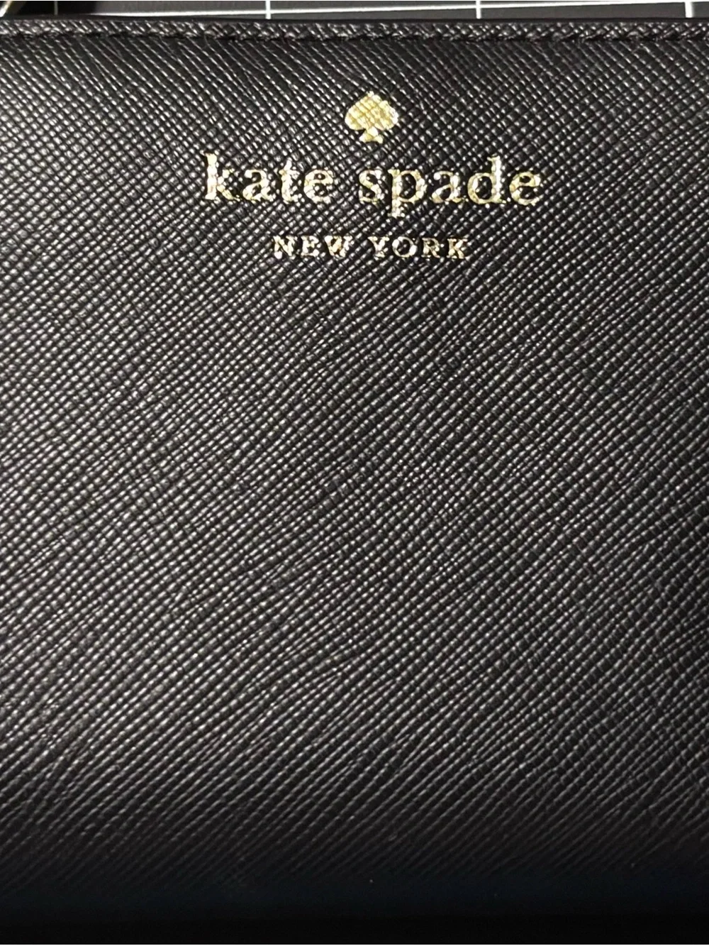 kate‎ spade black zip card wallet gold logo damage noted-id slot See PHOTOS
